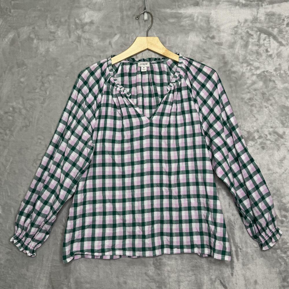 J Crew Shirt Womens Medium Pink Green Plaid Long Sleeve Pullover Cotton Blouse